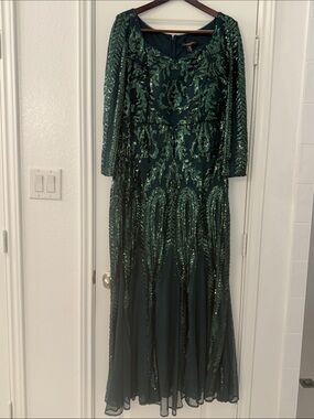 R & M Richards Emerald Green Sequin Long Sleeve Evening Gown